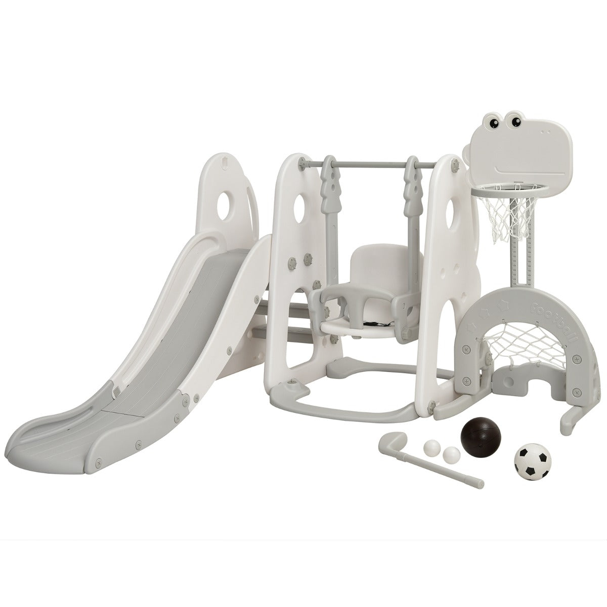 Toboggan et balançoire pour enfants 6-en-1 avec toboggan à grimper, panier de basket-ball, but de football et trou de golf gris