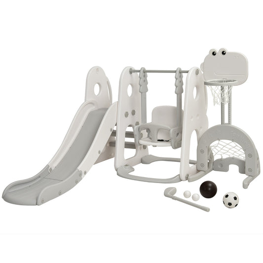 Toboggan et balançoire pour enfants 6-en-1 avec toboggan à grimper, panier de basket-ball, but de football et trou de golf gris