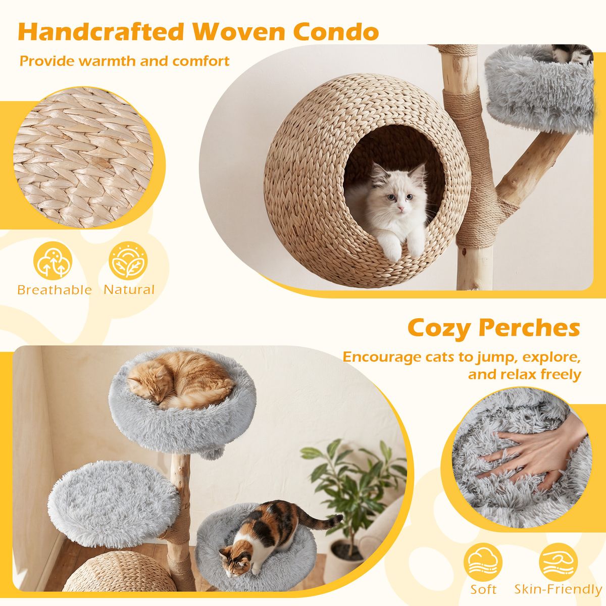 Arbre à chat Coast à cinq étages - niche pour chat tressée à la main - poteaux à griffer en jute - gris