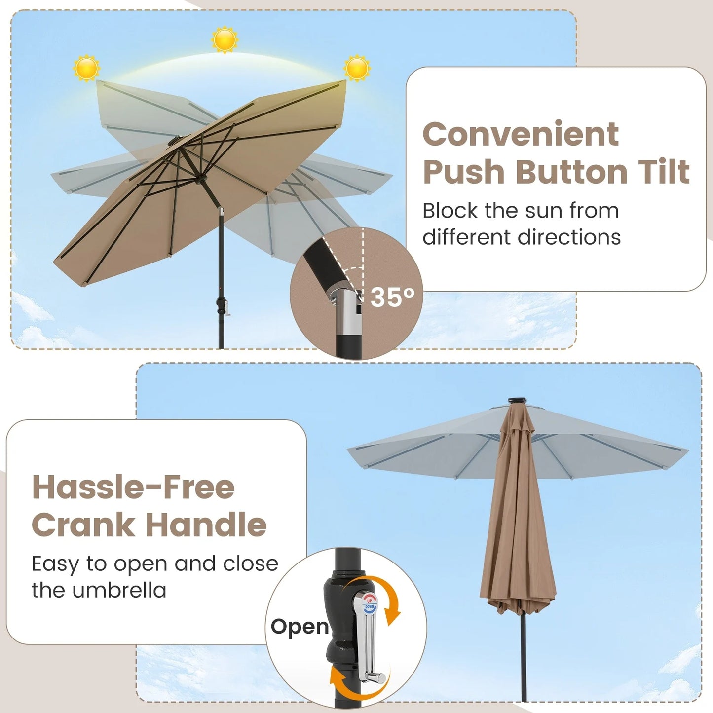 Parasol Coast avec éclairage LED à énergie solaire – Doté de neuf modes d'éclairage, d'un système d'inclinaison manuel et d'une poignée rotative pratique – Pour le jardin et la terrasse – Polyester beige et métal – 290 cm de largeur et 247 cm de hauteur