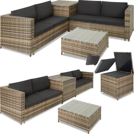 Tectake - Salon en osier Siena (4 personnes) - Modulaire, coffre de rangement, coussins extra épais, résistant aux UV et aux intempéries, structure en acier - Nature/Gris foncé
