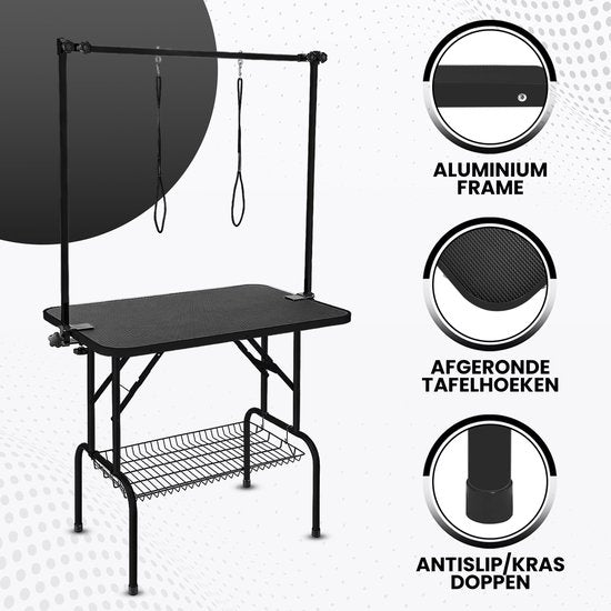 Animali Grooming Table - Table de toilettage pour chiens/chats - Table de toilettage pour chiens - Pliable - Option laisse - Panier de rangement - Capacité de charge 80KG - Noir