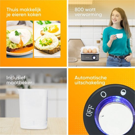 KitchenApp Chaudron à oeufs électrique - Convient pour 8 oeufs - Avec minuterie - Inclut un gobelet gradué - Gris argenté