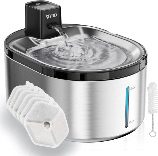 Vivex® Wireless Drinking Fountain - acier inoxydable - 4,5 litres - Fontaine à eau pour chats et chiens - avec capteur et batterie - 6 filtres et nettoyage inclus - silencieux