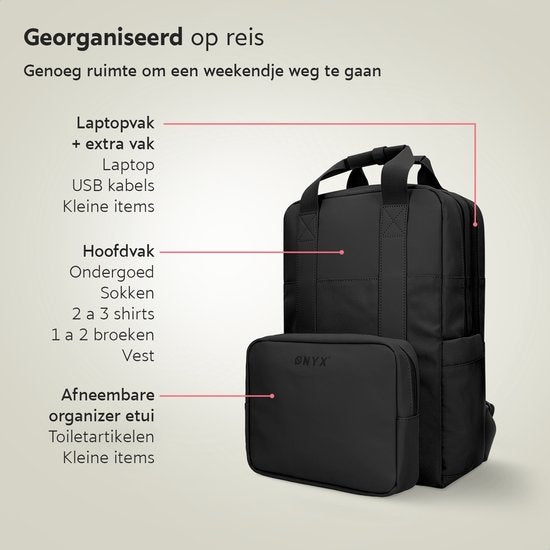 ONYX Sac à dos 20L avec compartiment pour ordinateur portable - Pochette d'organisation amovible - Mesdames et Messieurs - Sacoche pour ordinateur portable - Sac d'école - Sac à dos - Noir