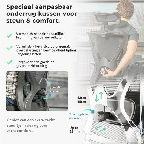 Backerz® Ergonomic Office Chair for Adults Fully Adjustable - NEN-EN1335 certified up to 150kg - Office Chair - Game Chair - Motion Mesh, Black