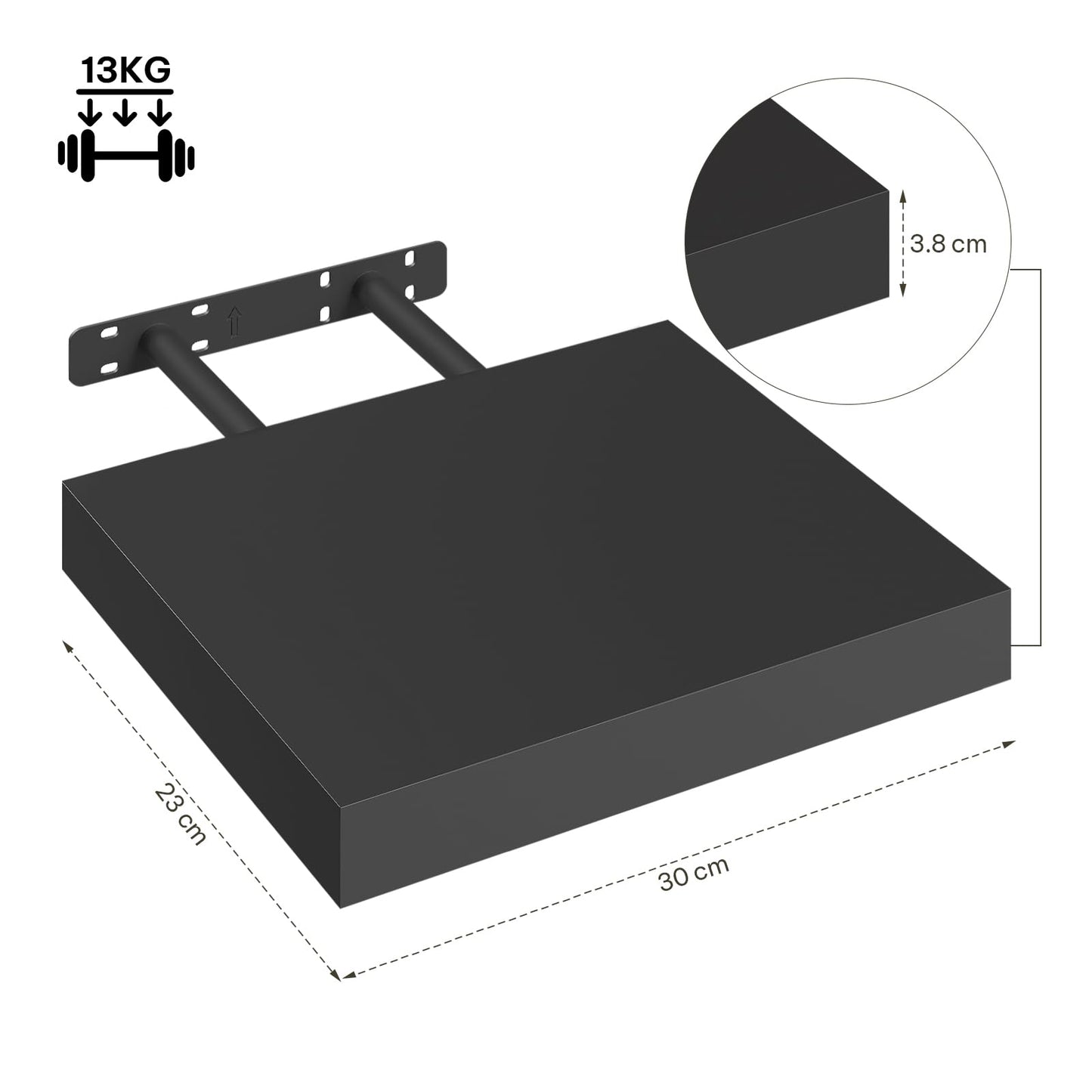 Étagère murale suspendue eSituro - étagère murale en MDF noir - 30 x 3,8 x 22,9 cm