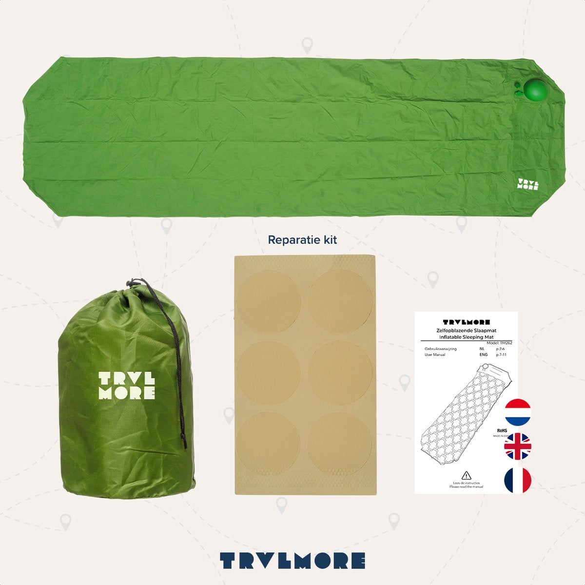 Matelas de couchage TRVLMORE - autogonflant - 1 personne - Pompe et oreiller intégrés - Vert