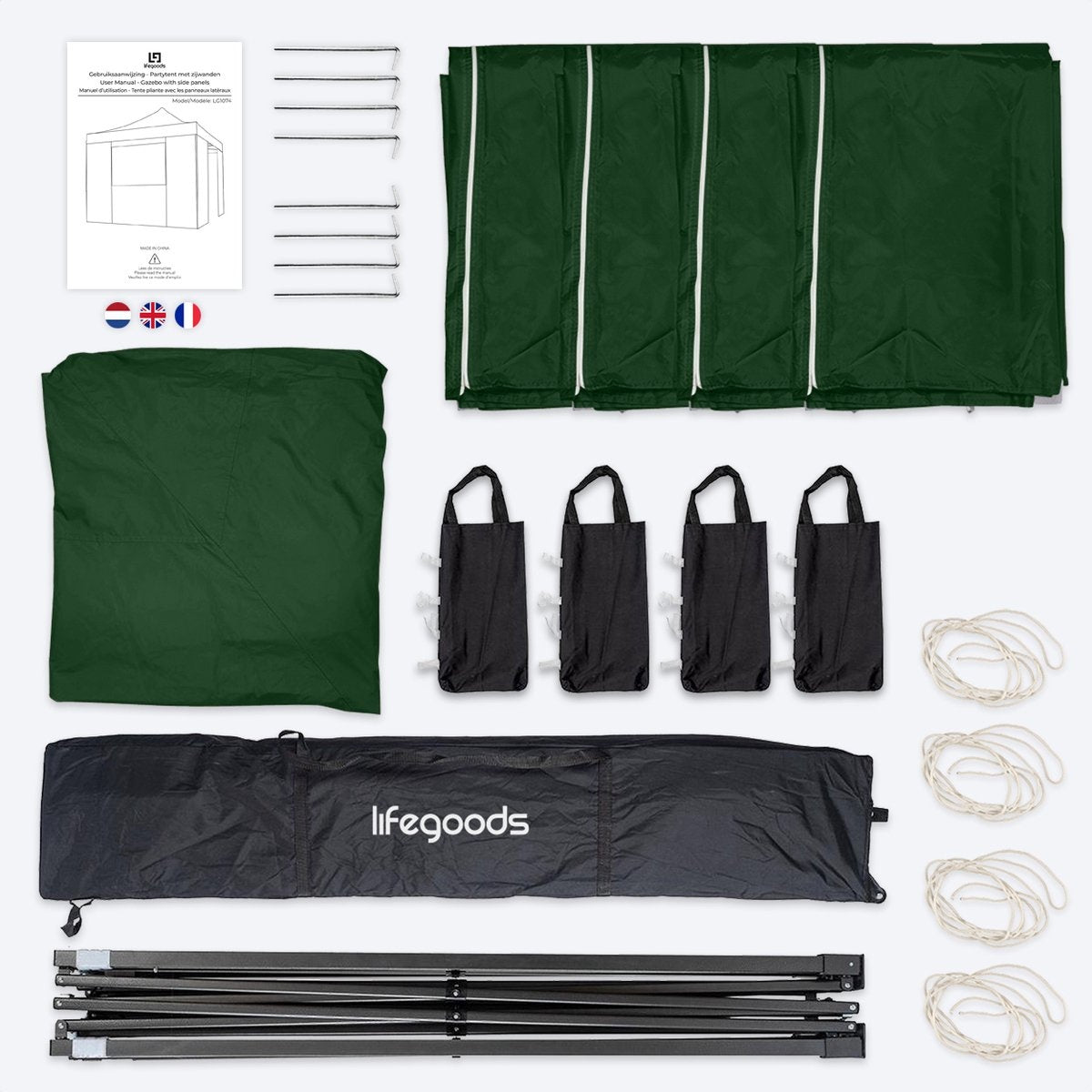 Chapiteau de jardin LifeGoods - 3x3 m - Pliable - Etanche - Parois - Sac de transport à roulettes - Vert foncé