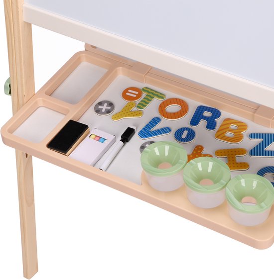 Sunny Luna Activités – Chevalet réglable en bois pour enfants – Chevalet de jeu avec tableau blanc et ardoise – Tableau magnétique – Rouleau de papier, gobelets et accessoires inclus – Jouet éducatif