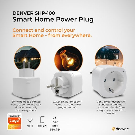 Denver SHP-100 - Prise intelligente - Fonctionne avec TUYA - WiFi - Prise domestique intelligente - Amazon Alexa + Google home -Blanc
