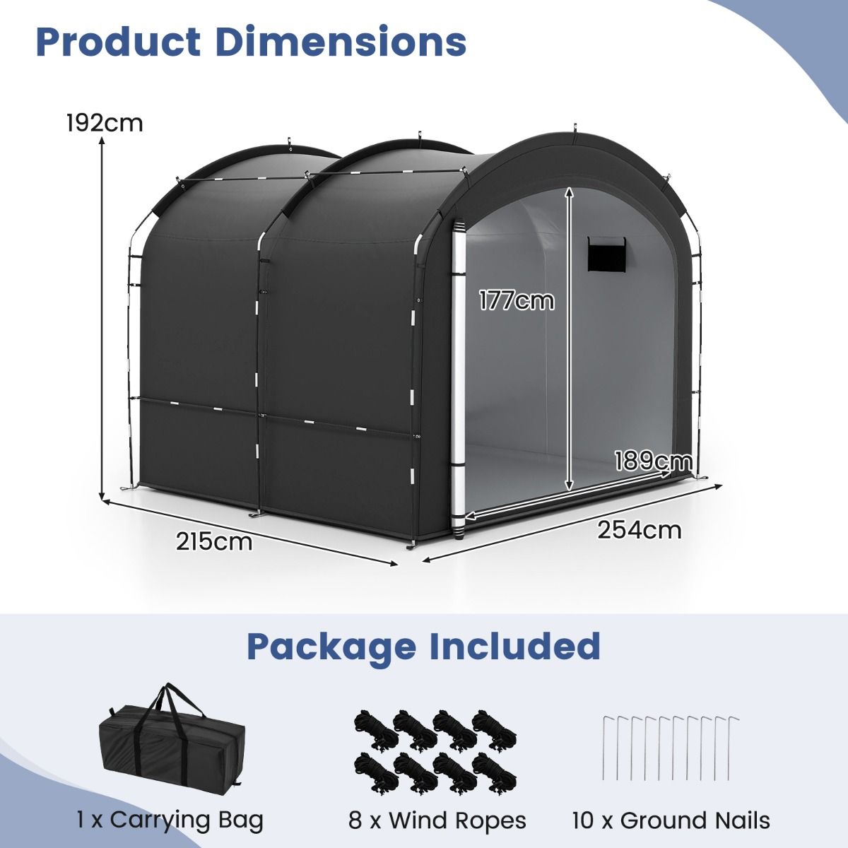 Tente de rangement pour vélos Coast - imperméable - double fermeture éclair - noire - 254 x 215 x 192 cm