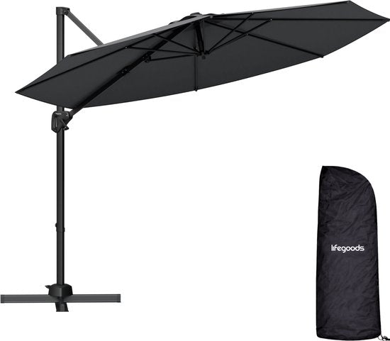 LifeGoods Parasol flottant - 6 pieds - Rotation 360° - Rond Ø300 cm - Housse de protection incluse - Anthracite