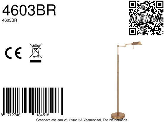 Lampadaire GlowGo 4603BR - Lampadaire classique couleur bronze de Mexlite avec batterie intégrée, bras réglable et variateur d'intensité, hauteur 125 cm