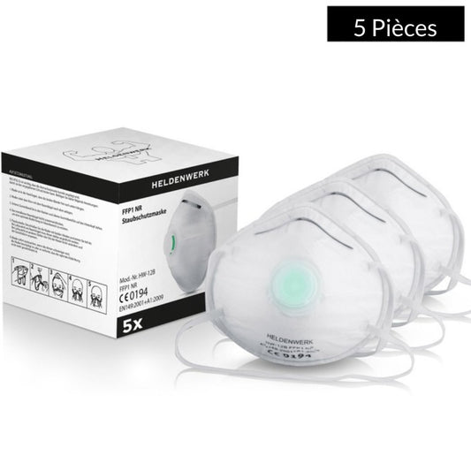 Masques anti-poussière FFP1 NR - Lot de 5 - Masque respiratoire ventilé - Confortable et sûr - Blanc