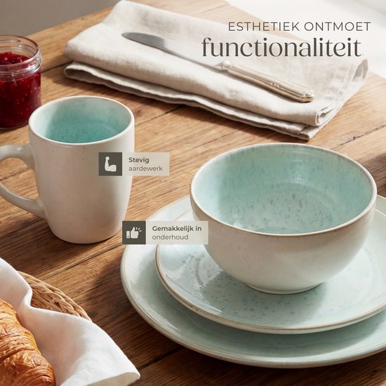 tectake® Service de table Mare - 30 pièces - Grès à émail brillant - Pour 6 personnes - Service de table fait main - Service de table moderne comprenant des grandes et petites assiettes, des bols, des coupelles et des tasses - Lavable au lave-vaisselle et