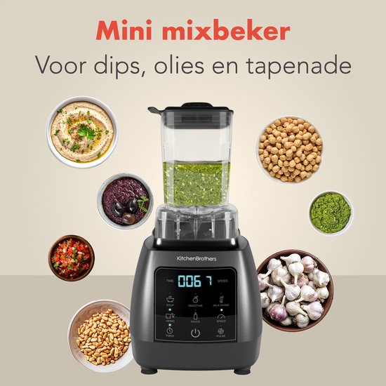 KitchenBrothers 2-in-1 Power Blender - 1600W - 2L - Ensemble complet avec hachoir et gobelet - Smoothie Maker - Ice Crusher - Gris Métallique