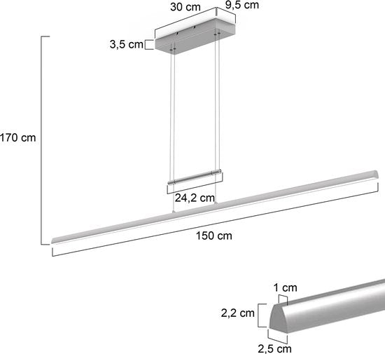 Suspension Profilo 3318ST de Steinhauer, en acier, largeur 150 cm, hauteur réglable de 110 à 170 cm, 2 100 lumens, design moderne pour une utilisation en intérieur