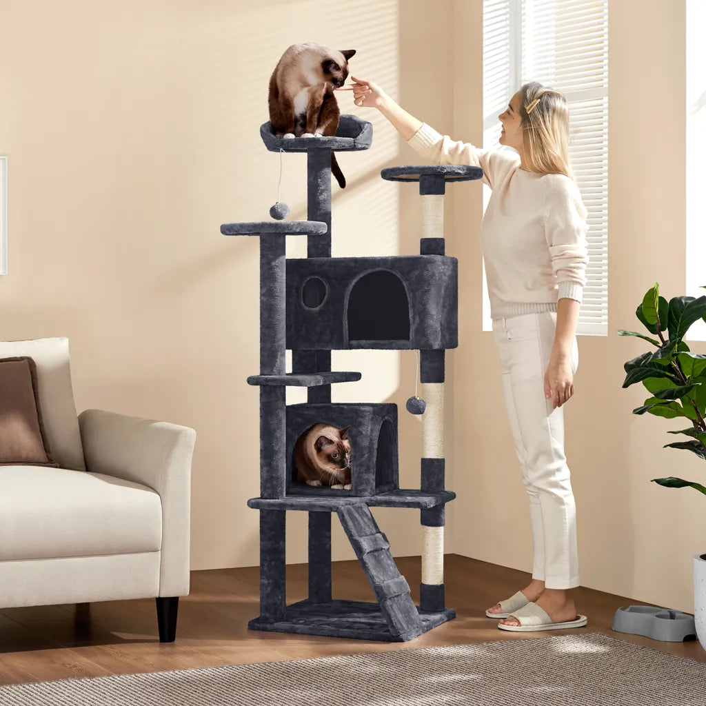 Yaheetech Scratch Post Dark Grey - 158 cm de haut - avec 3 plateformes d'observation et 2 maisons pour chats