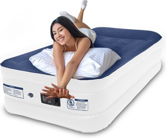 LifeGoods Airbed - 1 personne - avec pompe intégrée - sac de transport et kit de réparation inclus - blanc/bleu
