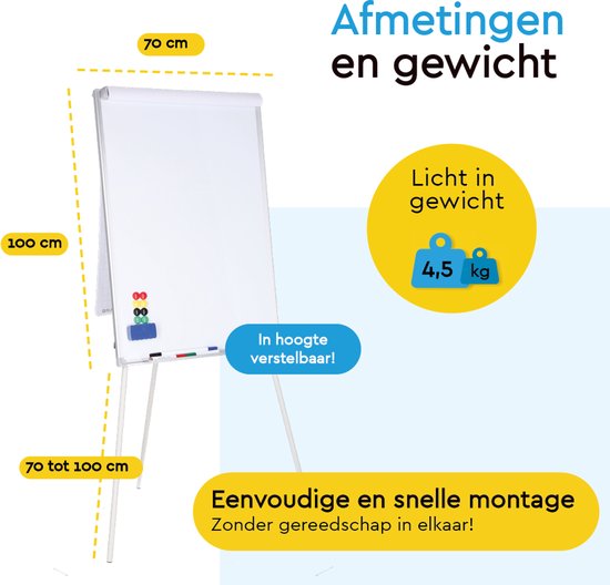 BRASQ Flipchart - 70x100cm - Tableau blanc ajustable - Comprend 25 feuilles de papier, 4 marqueurs, 8 aimants, une gomme - Tableau magnétique avec crochets - Tableau magnétique - Aluminium