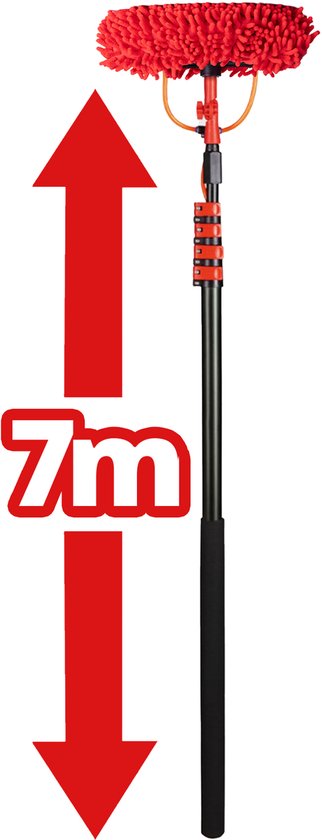 Brosse à laver télescopique Shine avec chiffon en chenille - Brosse à eau XXL jusqu'à 7m - Manche télescopique 5 pièces avec distributeur de savon - Nettoyeur de façades et de vitres