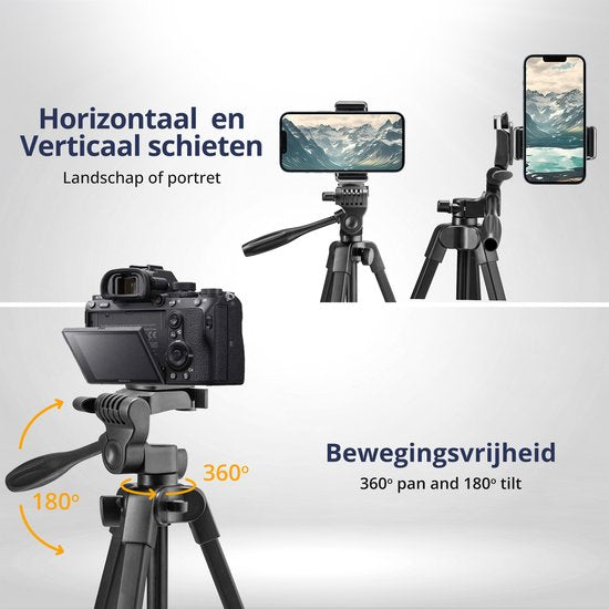 Studio ME Phone Tripod - 136 cm - Trépied Smartphone - Noir - Trépied pour appareil photo - Support pour téléphone - Télécommande Bluetooth incluse - Trépied Téléphone