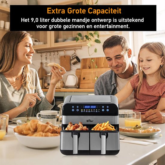 Friteuse à air chaud Bear Double – Friteuse à air chaud 9 L avec 2 paniers – 2 400 W – Réglage indépendant de la température et 8 programmes – Écran numérique – QZG-F24F1