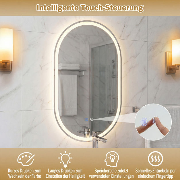 Miroir de salle de bains Coast LED – 80 x 50 cm – Intensité réglable – Anti-buée – Argent