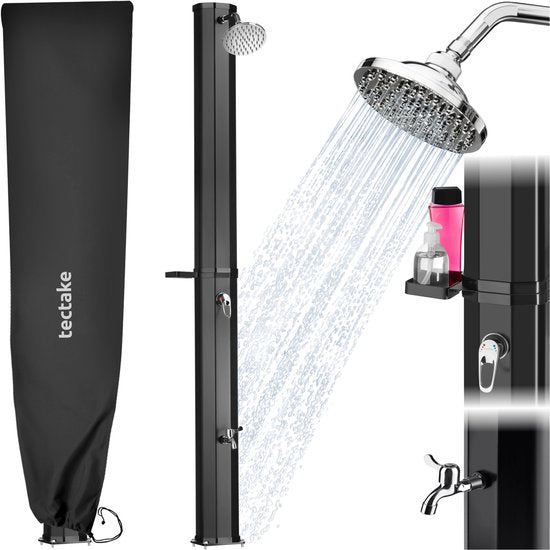 Douche d'extérieur tectake® - Solaire - 35 L - Eau chaude jusqu'à 60 °C - Avec housse de protection et porte-savon - Raccord pour tuyau d'arrosage - Douche de jardin avec grande pomme de douche réglable et robinet au pied - Douche solaire - Douche de camp