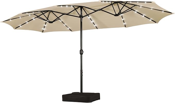 Parasol double Yaheetech 15 pieds avec éclairage LED solaire et pied - Beige - Parasol de jardin extra-large avec sacs de sable