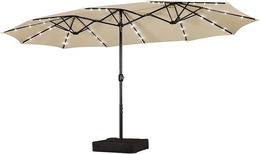 Parasol double Yaheetech 15 pieds avec éclairage LED solaire et pied - Beige - Parasol de jardin extra-large avec sacs de sable