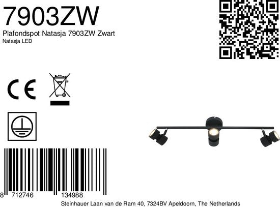 Spot Natasja 7903ZW noir, plafonnier à 3 lumières avec variateur, douilles GU10, structure en métal et en plastique, design moderne, 68 cm de large – Steinhauer