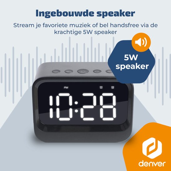 Réveil numérique Denver - Haut-parleur Bluetooth - Double alarme - Ecran LCD - EC54B - Noir
