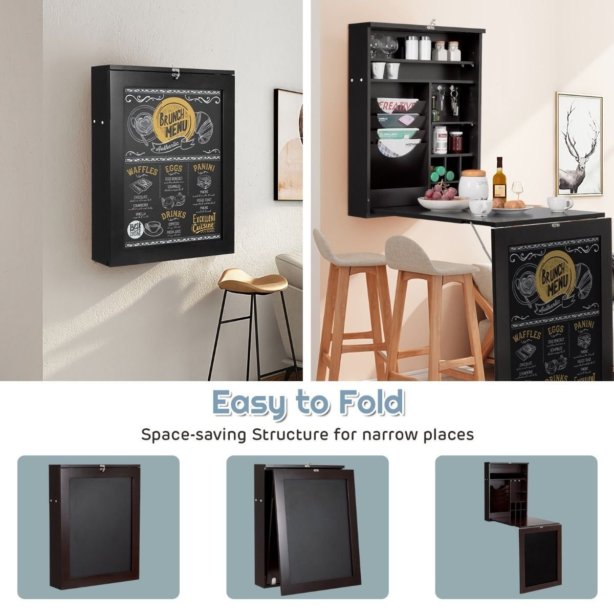 Table murale pliable Coast - Noir - 60 x 15 x 76 cm - MDF