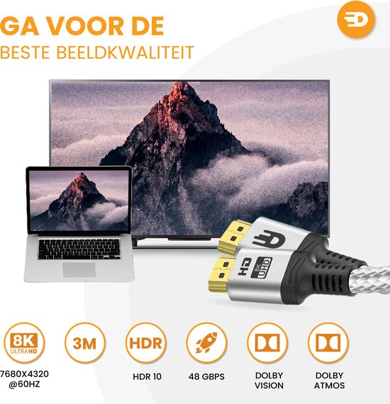 Câble HDMI 2.1 - Ultra HD High Speed - HDMI vers HDMI - Convient à Xbox Series X & PS5 - 1 mètre - Nylon - Blanc argenté