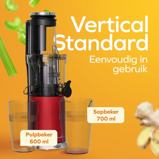 KitchenBrothers Slowjuicer - Vertical - Presse-agrumes - Presse-légumes et fruits - 80 mm - 750 ml - Rouge