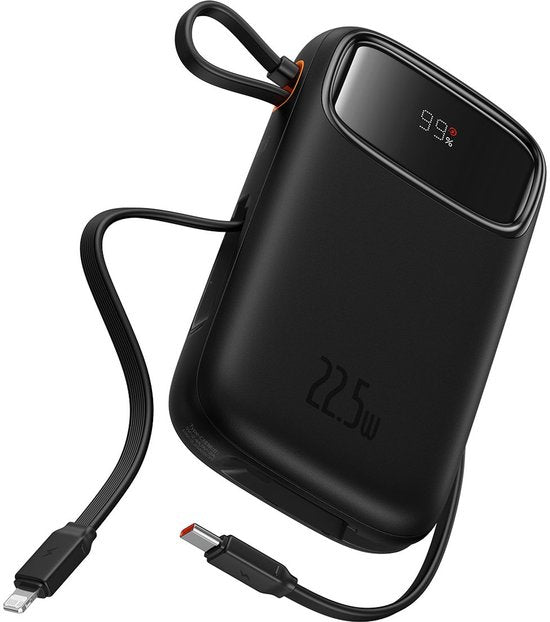 Batterie externe Baseus 10 000 mAh | Charge rapide 20 W via USB-C et USB-A | Format de voyage avec écran, noir | Batterie externe universelle compatible notamment avec Samsung et iPhone | Câbles USB-C et Lightning intégrés