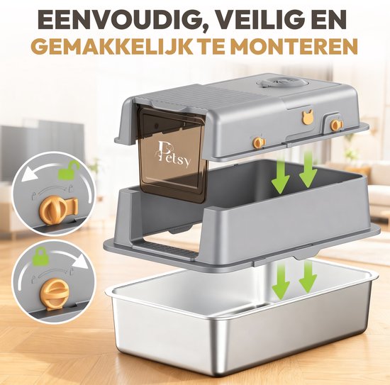 Petsy® - Bac à litière haut de gamme en acier inoxydable Pro - XXL - Avec neutralisateur d'odeurs - Avec pelle à litière, bac de récupération de litière et tapis anti-salissures - Pour grands et petits chats - Grande capacité de 37 L -