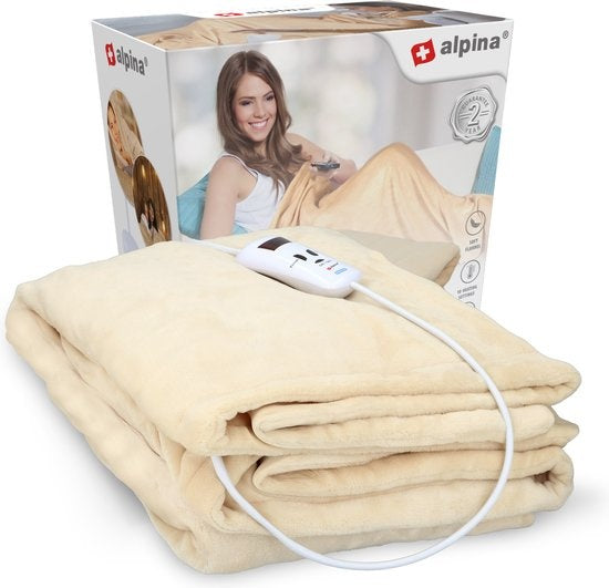 Couverture électrique Alpina Chauffage électrique 1 personne Flanelle avec minuterie 10 niveaux de chaleur 130x180 cm Beige