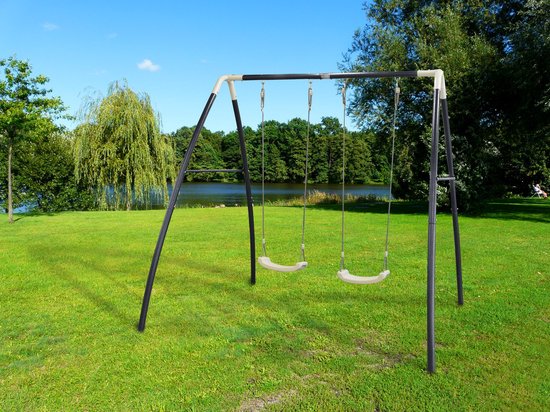 Balançoire double en métal AXI Anthracite/Crème - Balançoire autoportante avec sièges de balançoire en plastique - Balançoire pour enfants