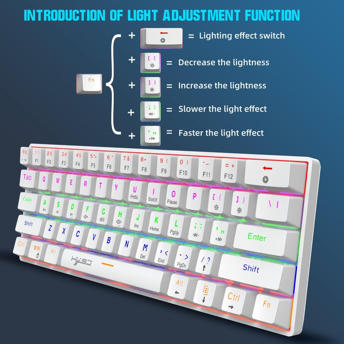 HXSJ V900 - Wired Mechanical Gaming Keyboard - RGB Lighting - Ergonomic - QWERTY - 61 Keys - Blue Switch - White