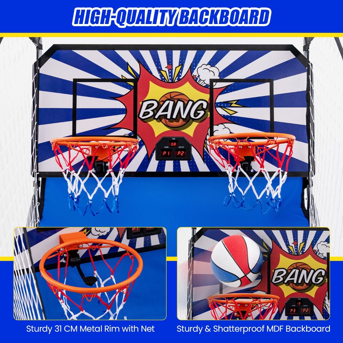Cerceau de basket-ball pliable Coast - 206x110x206 cm - Bleu - 4 ballons + pompe gonflable + système de score électronique pour 1-4 joueurs