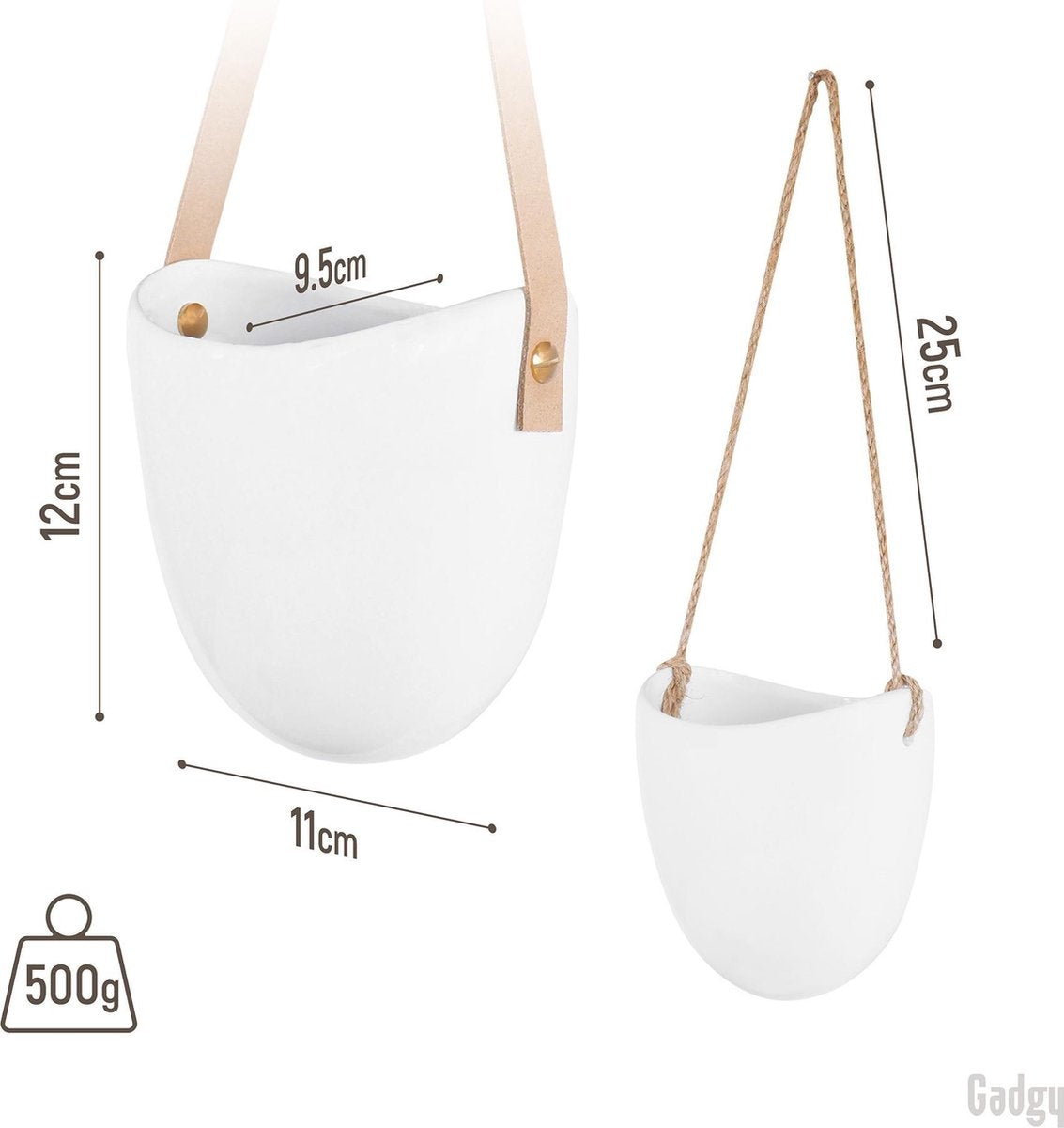Gadgy Plant Hanger Ceramic - Set of 3 - White Stone - Pot de fleurs suspendu - avec 3 cordons différents - 12 x 11 x 9.5 cm