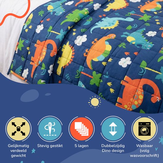 Vonia Couverture lestée Enfant 3,2 kg - Couverture lestée - 104 x 152 cm - Coton - Dino