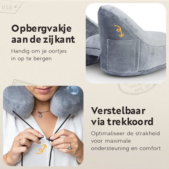 TRAVARA Oreiller gonflable pour la nuque - The Airsnoozer - Oreiller de voyage - Pour l'avion et la voiture - Avec bouchons d'oreille - Oreiller pour la nuque - Gris