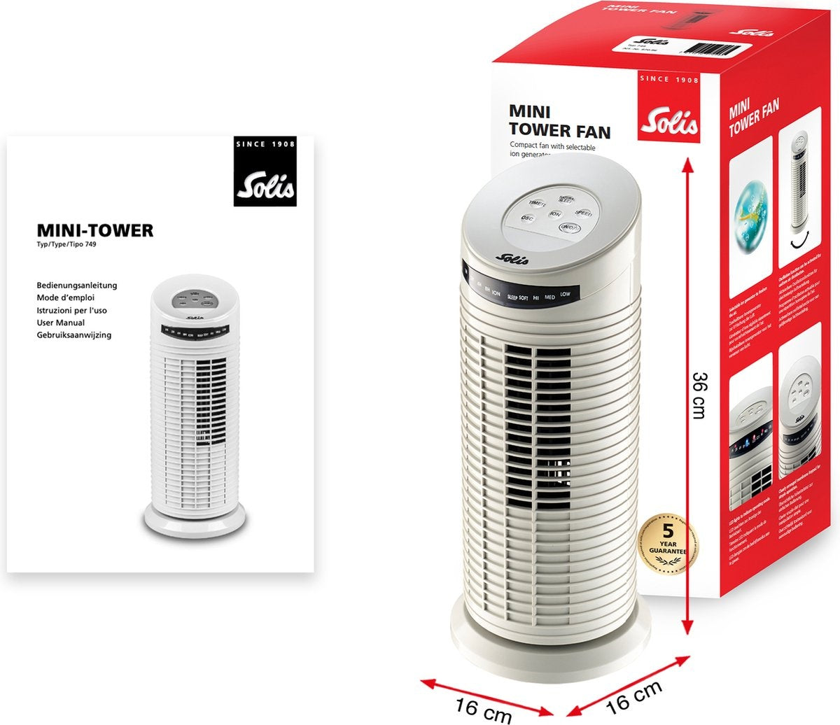 Ventilateur colonne Solis Tower Fan 749 Ventilateur de tour - 38 cm de haut - Blanc