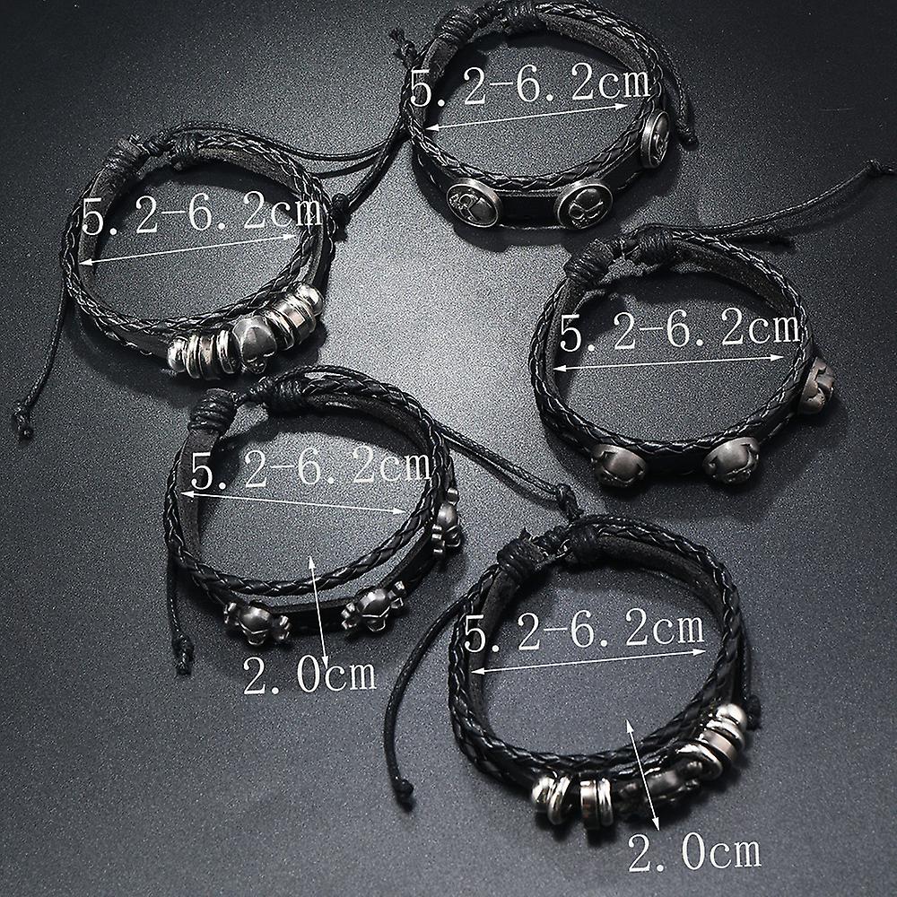 Bracelet homme Viking en cuir noir - ensemble multicouche tissé à la main - détails tête de mort - 22-24 cm