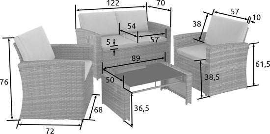 tectake® - Salon en osier set de jardin set de salon Lucca - canapé/2 chaises/table avec plateau en verre - couleur naturelle - 404916 - poly-rattan