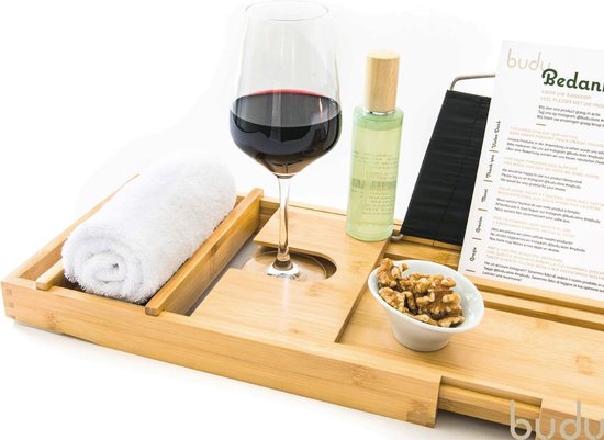 Budu Planche de bain en bambou - Planche de bain en bois - Planche de bain pour le bain - Réglable / Extensible - Support de bain - Support de bain en bambou - 70-105 cm